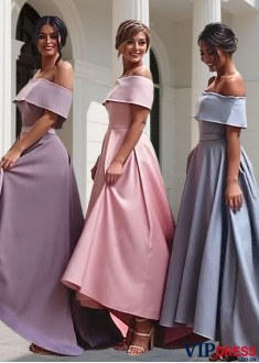 Elegant Off The Shoulder Satin High Low Bridesmaid Dress for Wedding Party