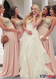 Elegant V-Neck Tulle Chiffon A-Line Full Length Bridesmaid Dress