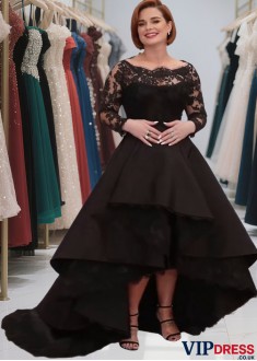 Black Bateau Neck Hi-Lo Evening Dress with Train – Tulle & Satin A-Line Gown