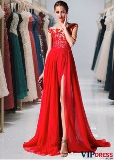 Elegant Red Off-the-Shoulder Chiffon A-Line Evening Dress with Pleated Skirt