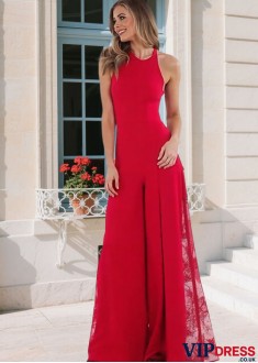 Red Halter Floor Length Evening Suits For Women Straight Silhouette UK