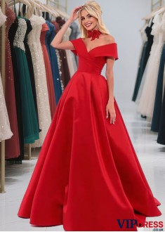 Elegant Red Satin Off-the-Shoulder Evening Dress with Pleated Online Sale