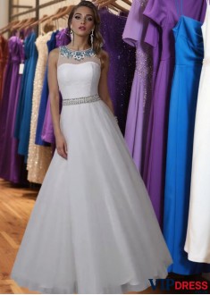 Elegant White Tulle A-Line Prom Dress with Jewel Neckline and Pleated Skirt