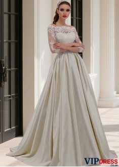 Off-the-Shoulder 3/4 Sleeves A-Line Tulle Satin Wedding Dress with Beading