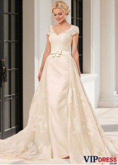 2 in 1 Wedding Dress V-Neck Cap Sleeves Sweep Train