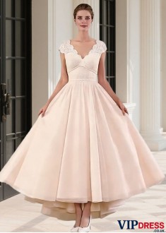 Ankle Length A-Line Short Wedding Dress with Cap Sleeves