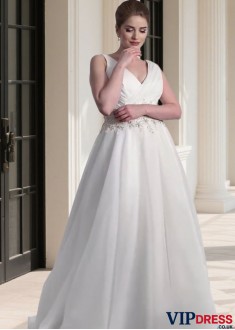 Plus Size V-Neck Organza Satin A-Line Bridal Dresses Shop Online