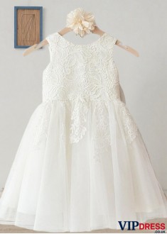 White Tulle & Satin Flower Girl Dress – Knee-Length A-Line Gown