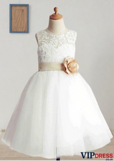 Tulle Flower Girl Dresses Knee Length with Lace and Appliques