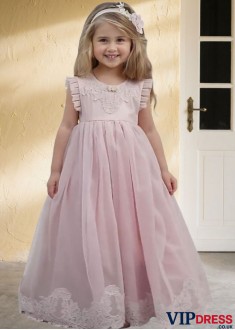 Cheap Pink Organza & Satin Flower Girl Dress – Floor-Length A-Line Gown