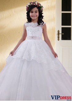 Elegant White Flower Girl Gown – Tulle & Satin Floor-Length Princess Ball Gown