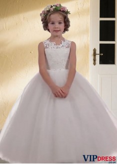 White Tulle Ball Gown Flower Girl Dresses for Weddings with Appliques