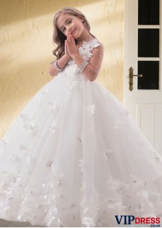 White Tulle & Lace Ball Gown Flower Girl Dress – Elegant Wedding Outfit