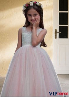 Pink Tulle Flower Girl Dresses UK with Appliques and Beads