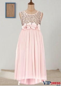 Pink Sequin Chiffon Tea Length Flower Girl Dress – Elegant Party Look