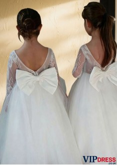 White Lace & Tulle Flower Girl Dress – Floor Length Ball Gown
