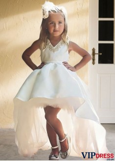 Hi-Lo White Tulle & Satin Flower Girl Dress for Weddings