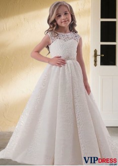 Cheap White Lace Floor Length Flower Girl Dresses for Wedding