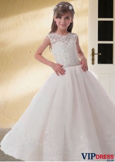 White Lace & Tulle Flower Girl Dresses UK – A Line Ball Gown