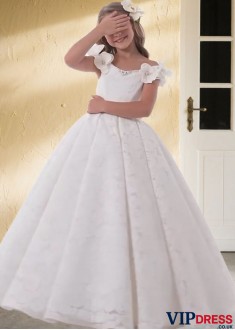 White Lace Flower Girl Dress – Floor Length Ball Gown for Wedding