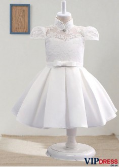 White Lace & Satin Ball Gown Flower Girl Dresses Ankle Length