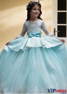 Floor-Length Blue Tulle Flower Girl Dress