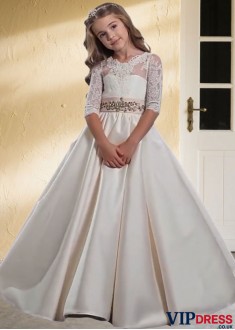 Tulle & Satin Flower Girl Dress with Short Sleeves – Best A Line Gowns