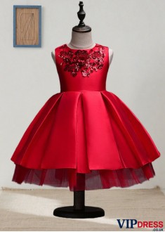 Tea-Length Red Satin Flower Girl Dress