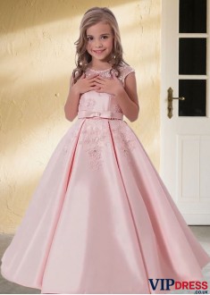 Pink Satin Ball Gown Floor-Length Flower Girl Dress with Appliques