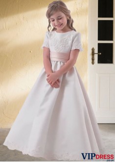 White Satin A-Line Floor Length Flower Girl Dreses with Sleeves