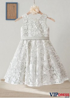 Knee-Length Lace & Satin Princess Flower Girl Dress