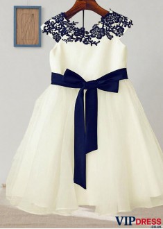 Tulle & Satin A Line Knee Length Flower Girl Dress for Weddings with Appliques