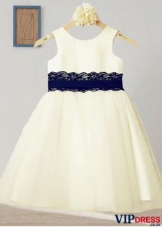 A-Line Flower Girl Dress | White Satin & Lace, Knee-Length