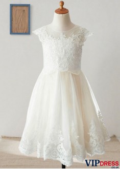 White Flower Girl Dress | Tulle Knee Length Dress for Weddings
