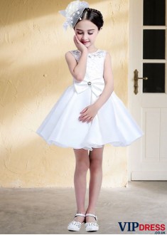 Cute White Lace Organza Flower Girl Dress – Short Ball Gown for Weddings & Parties