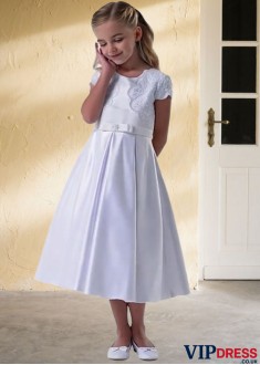 Tea-Length White Satin Flower Girl Dress – Classic A-Line Wedding Party Gown