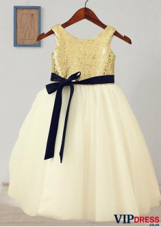 Sequin Tulle Flower Girl Dresses with Sash – A Line Gowns