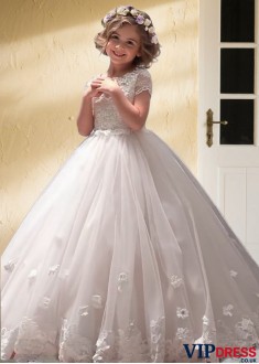 White Tulle & Lace Flower Girl Dress – Ball Gown for Wedding