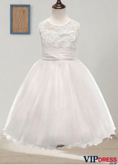A-Line White Lace & Tulle Floor-Length Flower Girl Dress