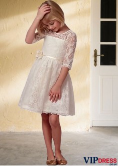 White Lace & Satin A-Line Knee-Length Flower Girl Dress – Classic Wedding Outfit