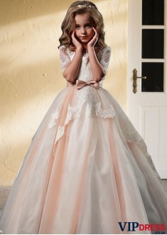 Floor-Length Lace and Tulle Flower Girl Dress – Classic A-Line Princess Gown