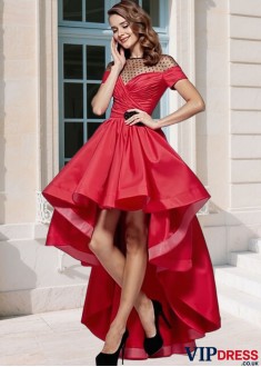 Red Jewel Neck Prom Dress – Elegant Pleated A Line Taffeta Evening Gown UK