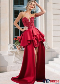 Red Sweetheart Hi-Lo Prom Dress with Train – A Line Taffeta Evening Gown UK