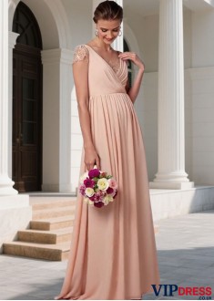 V-Neck Chiffon Bridesmaid Dress – Full Length A-Line Elegant Wedding Party Gown