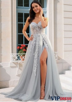 Elegant A-Line Tulle Applique Sweetheart Sleeveless Court Train Prom Dress – UK Formal Evening Gown
