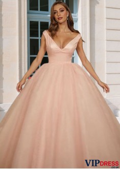 Elegant Ball Gown Tulle Ruffles V-Neck Sleeveless Prom Dress – Floor-Length Evening Gown UK