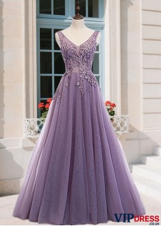 Elegant A-Line Tulle Applique V-Neck Prom Dress – Sleeveless Floor-Length Evening Gown UK