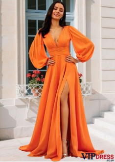 Elegant A-Line Chiffon Ruffles V-Neck Long Sleeve Prom Dress Sweep Train