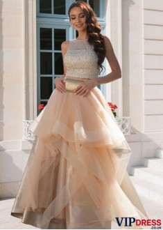 Elegant Two Piece Tulle Prom Dress with Beaded Scoop Neckline – Floor-Length Gown