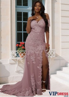 Elegant Off-the-Shoulder Tulle Prom Dress with Appliqué Detailing and Split